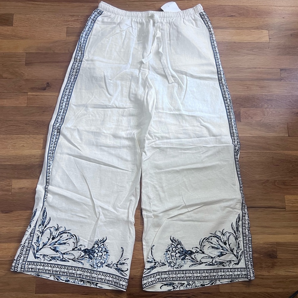 Cream Linen Pants with Blue Floral Trim